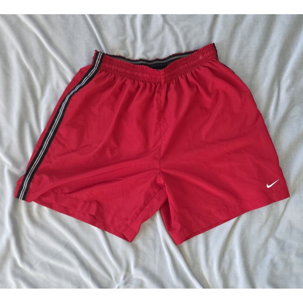 Nike Red Athletic Shorts Men’s Large Black White Stripe Swoosh Retro Y2K